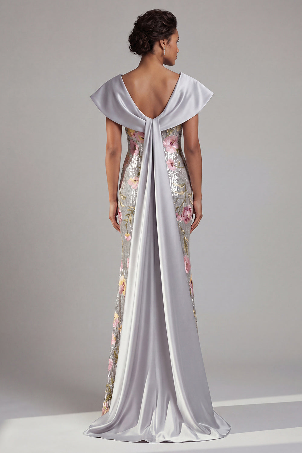 Sparkly Silver V-Neck Sequin Floral Long Mermaid Mother of the Bride Dress with Cape