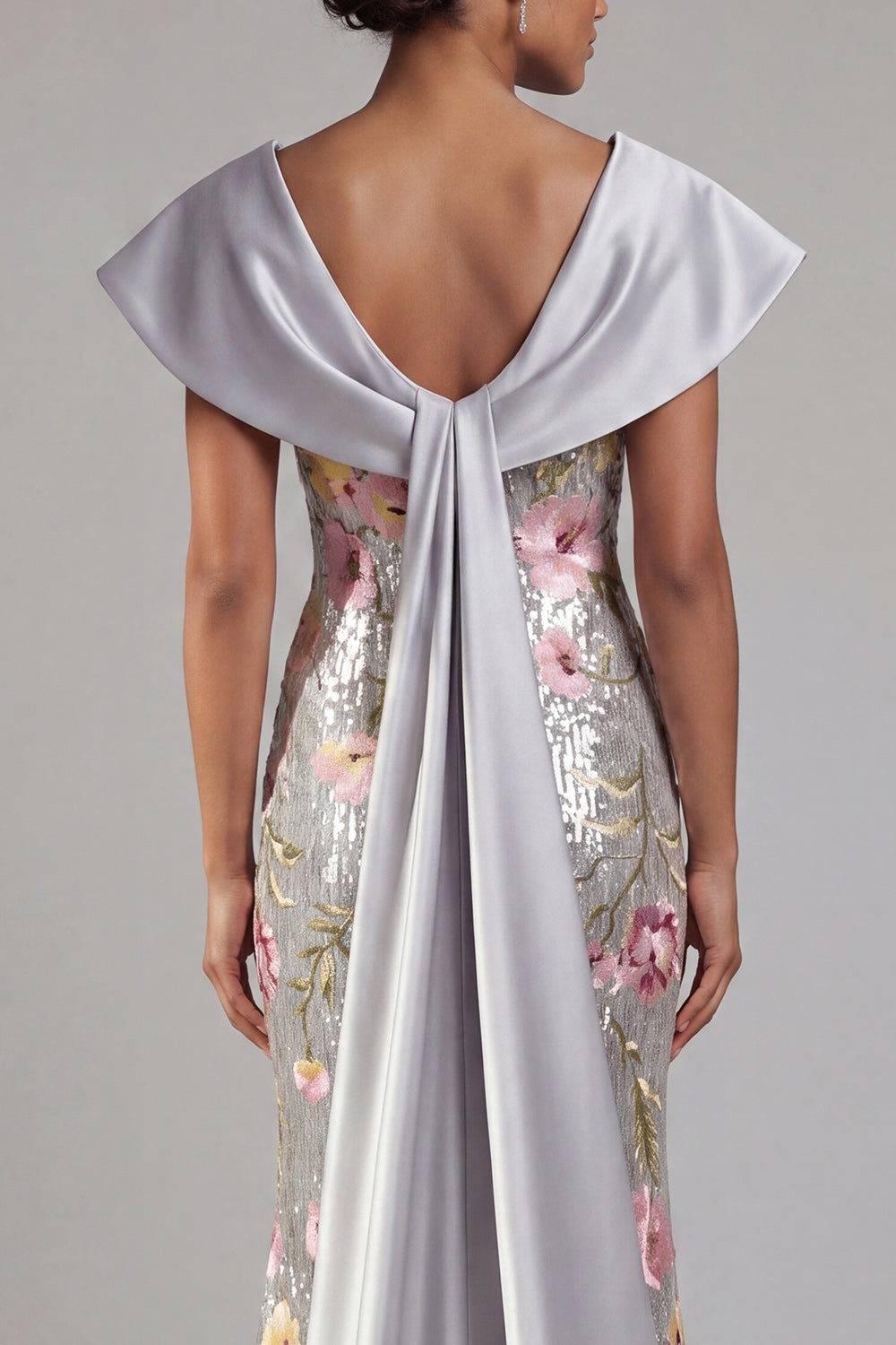 Sparkly Silver V-Neck Sequin Floral Long Mermaid Mother of the Bride Dress with Cape