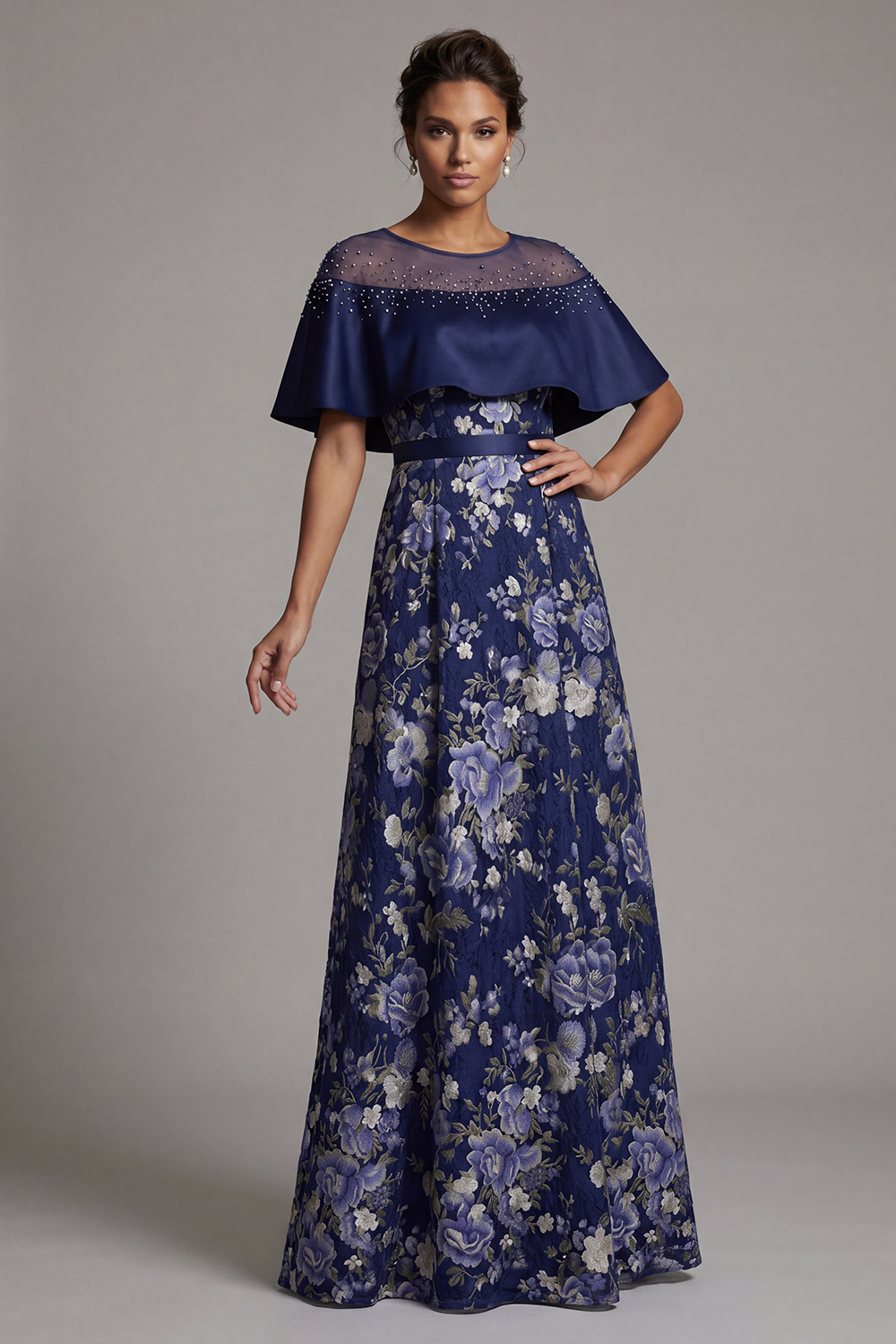 Navy Floral Beaded A Line Long Mother of the Bride Dress with Cape