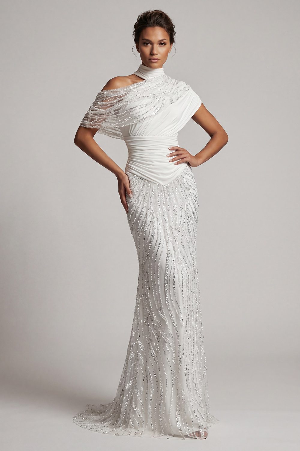 Sparkly White Beaded Mermaid Long Ruched Mother of the Bride Dress