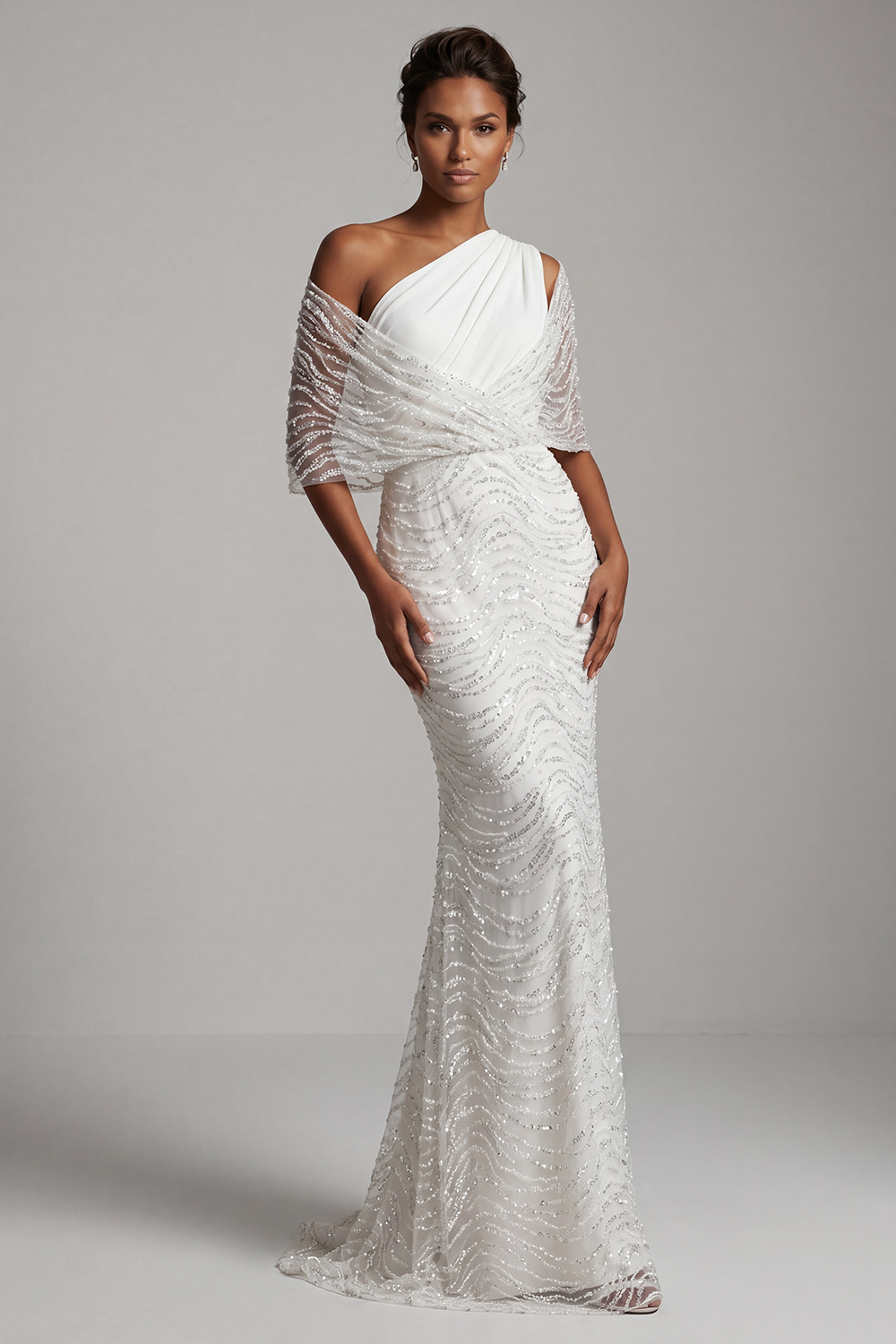 Sparkly White Beaded Mermaid Ruched Long Mother of the Bride Dress