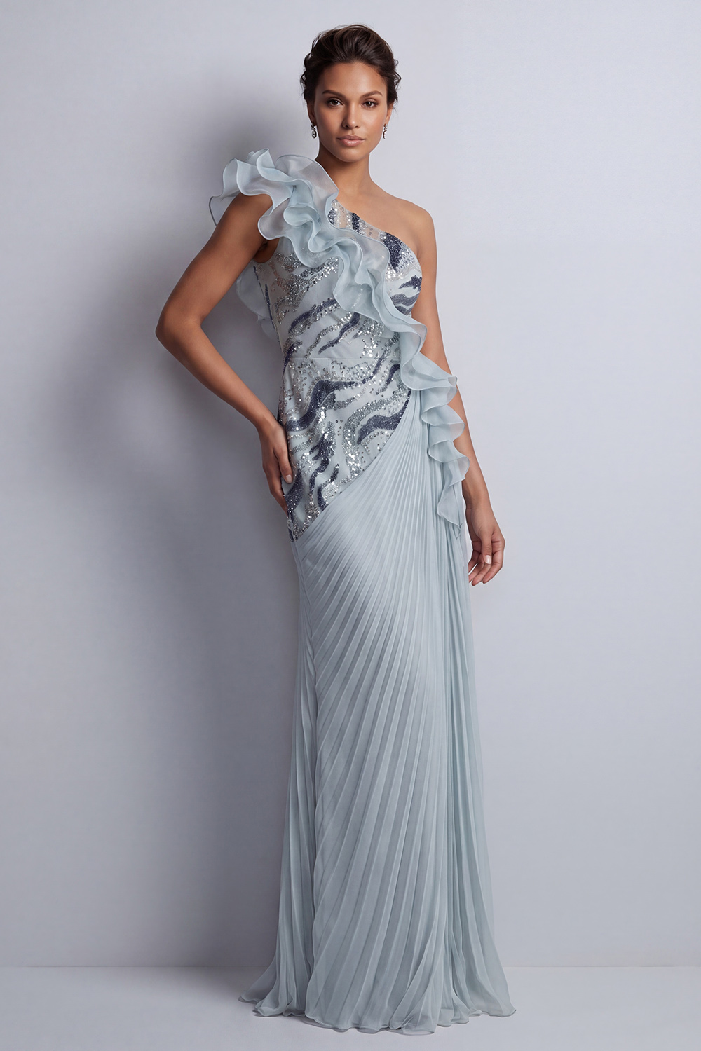 Sparkly Dusty Blue Sheath Beaded Long Mother of the Bride Dress with Ruffles