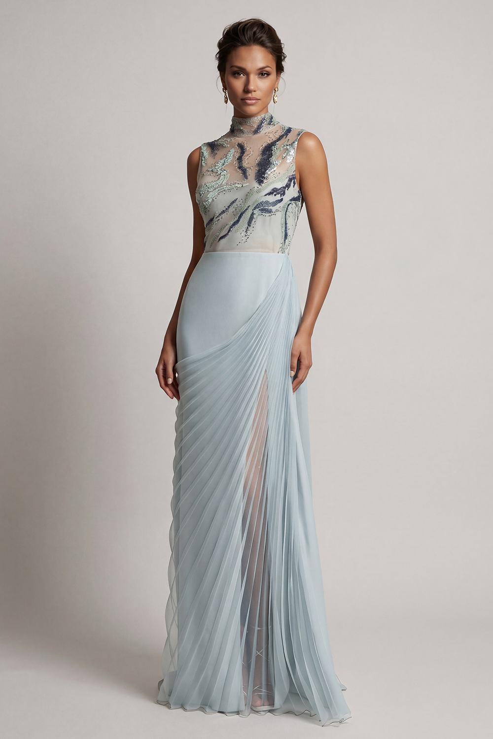 Sparkly Dusty Blue Beaded Sheath Long Mother of the Bride Dress with Pleats