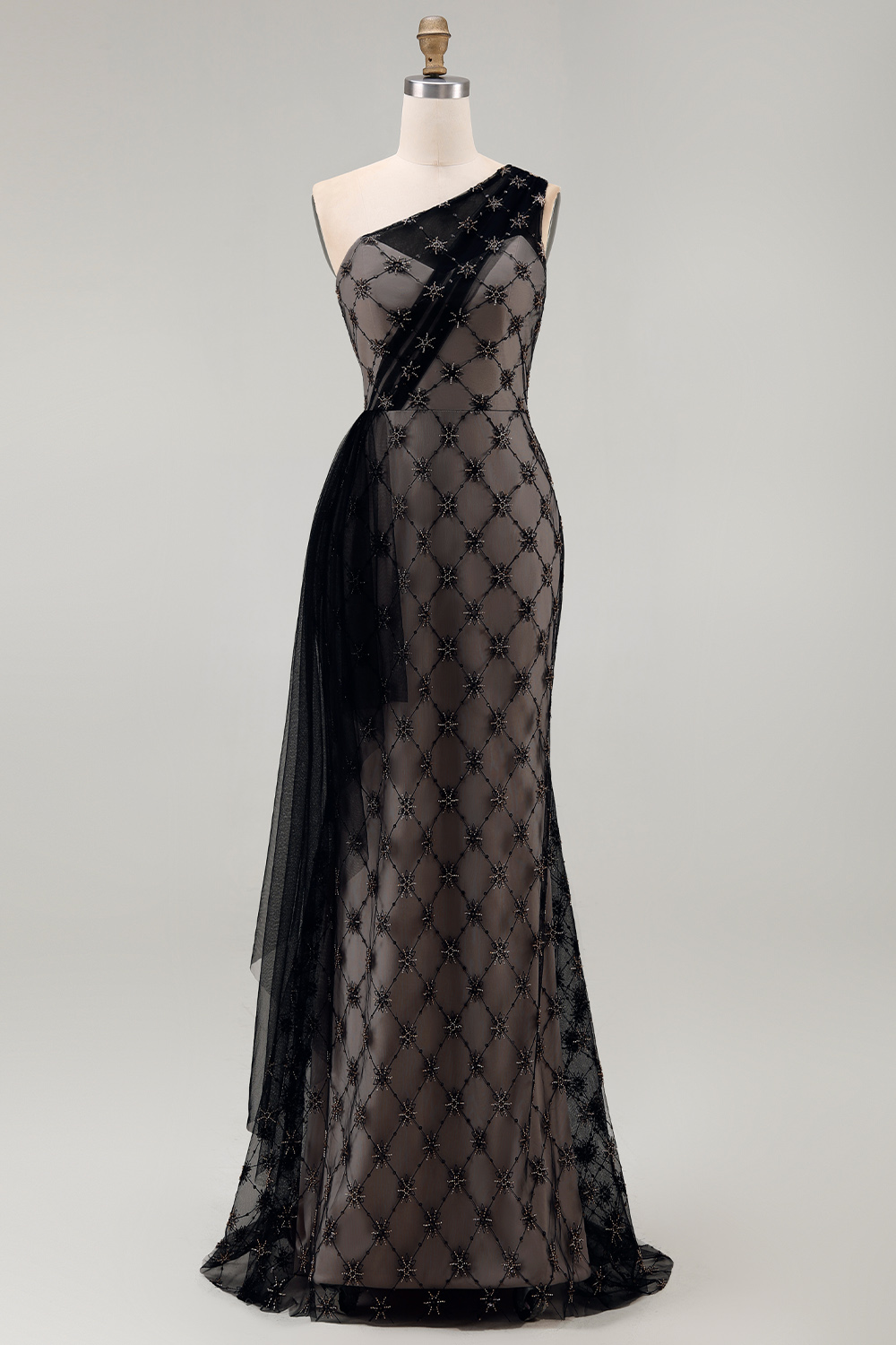 Sparkly Black One Shoulder Beaded Long Mermaid Mother of the Bride Dress with Ruffles