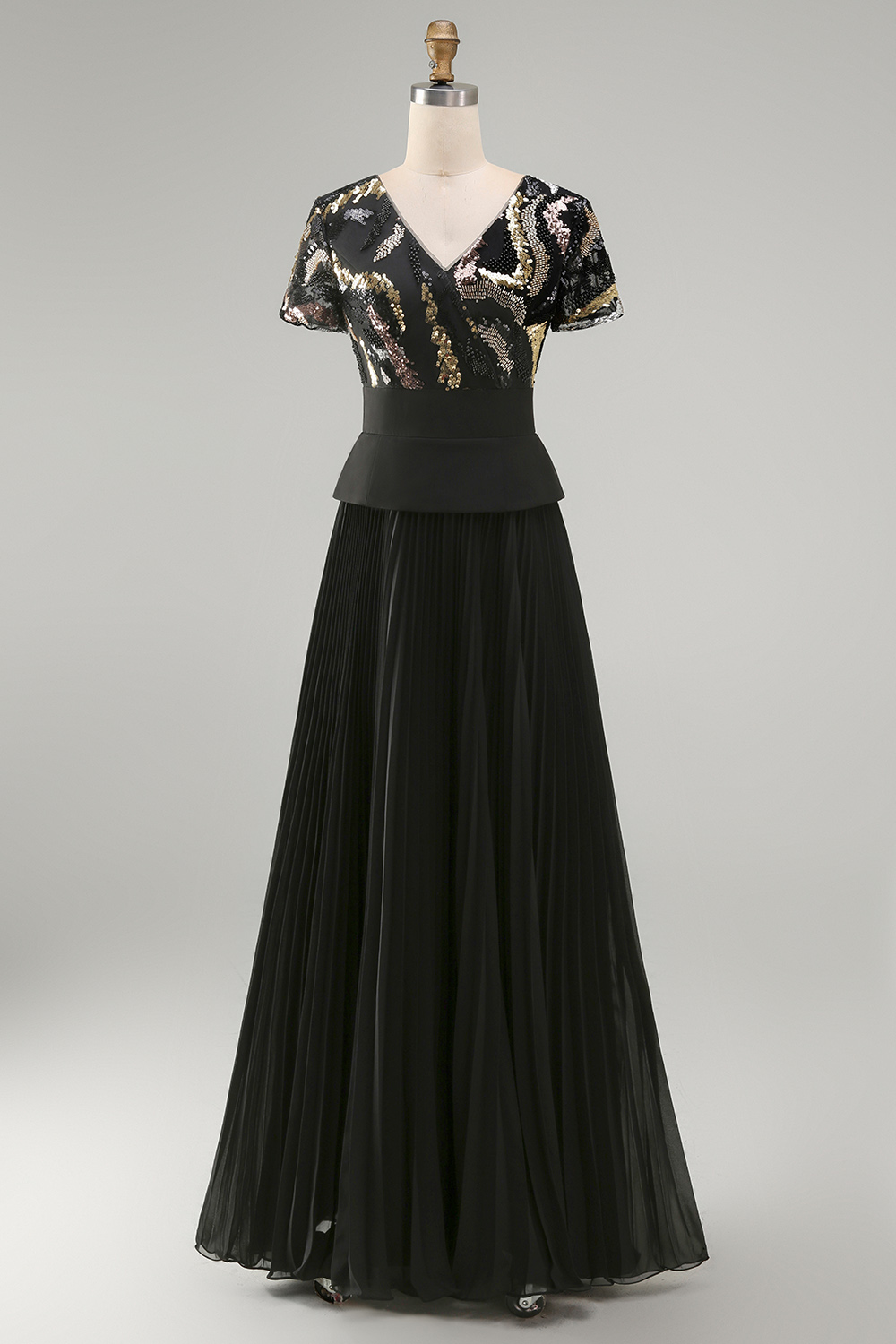 Sparkly Black Beaded V-Neck A Line Long Mother of the Bride Dress with Pleats