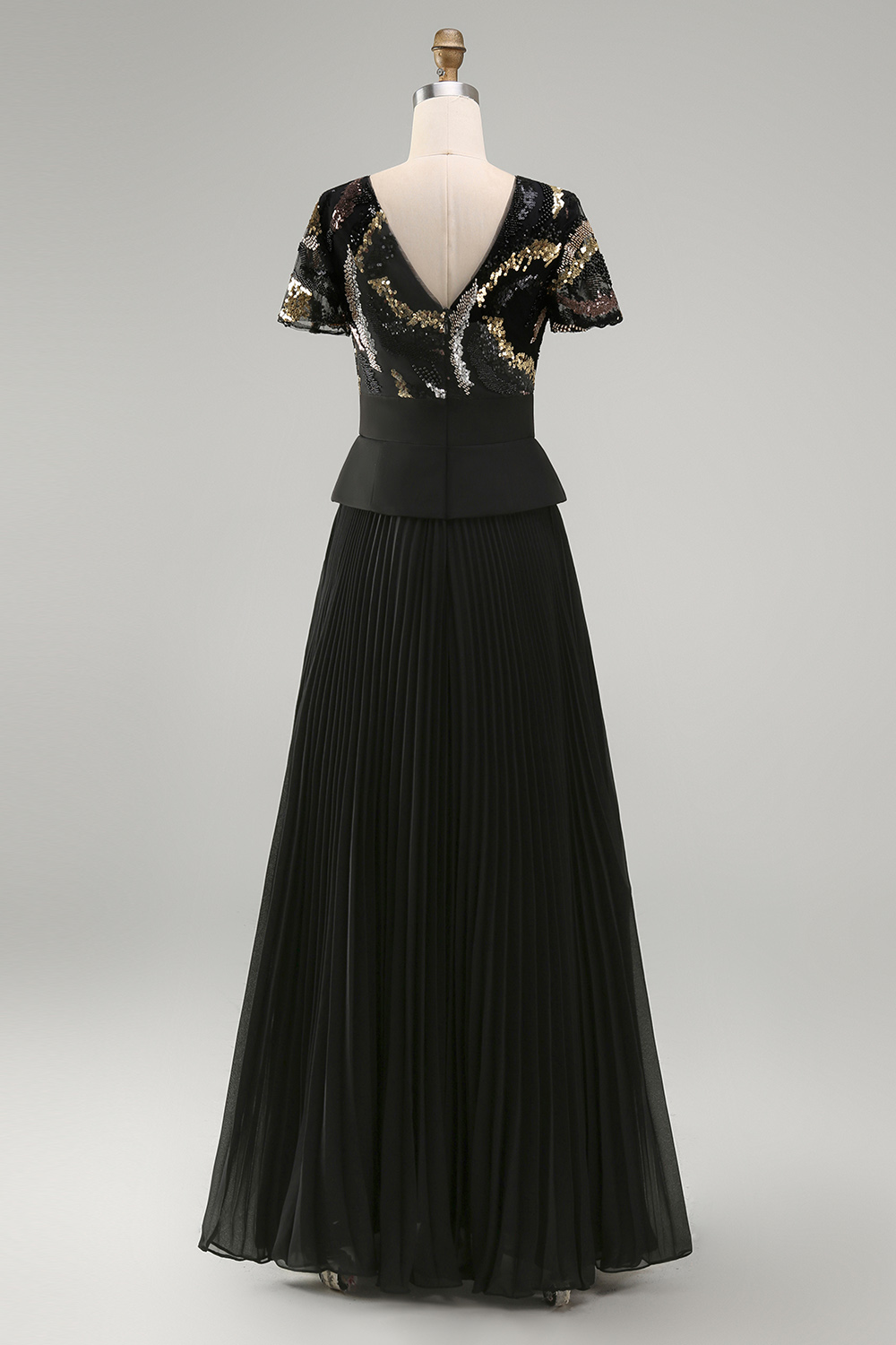 Sparkly Black Beaded V-Neck A Line Long Mother of the Bride Dress with Pleats