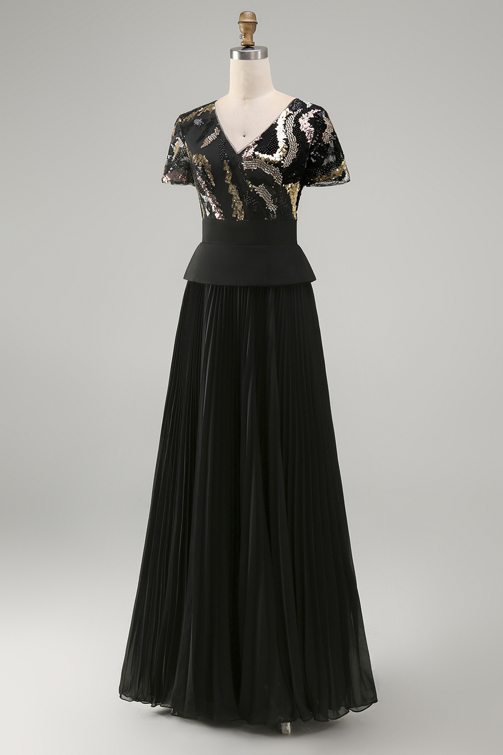 Sparkly Black Beaded V-Neck A Line Long Mother of the Bride Dress with Pleats
