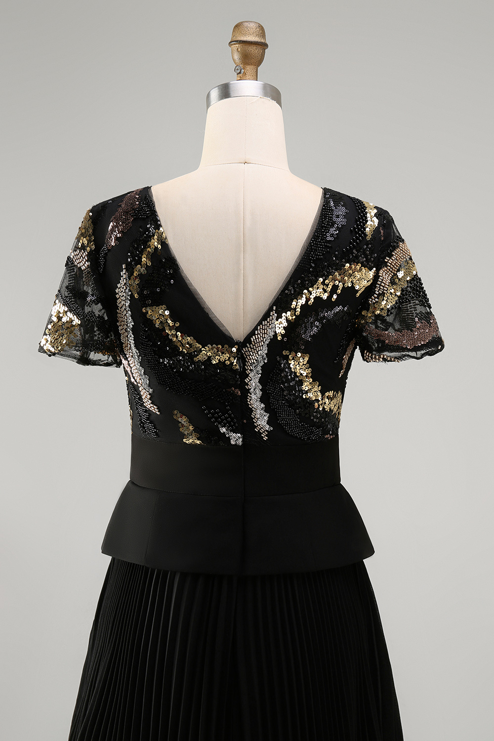 Sparkly Black Beaded V-Neck A Line Long Mother of the Bride Dress with Pleats