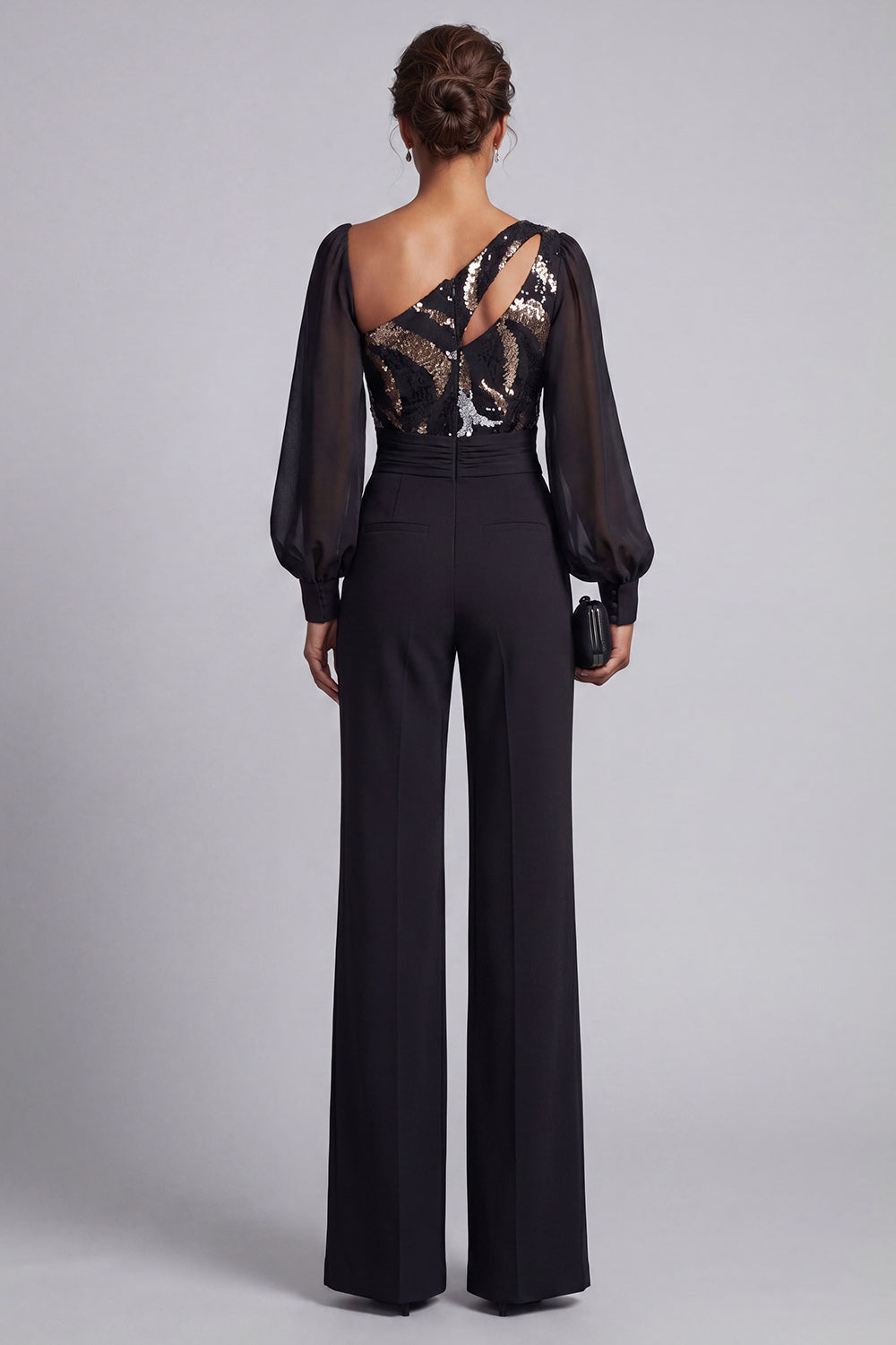 Sparkly Black Sequin Keyhole Mother of the Bride Jumpsuits with Sleeves