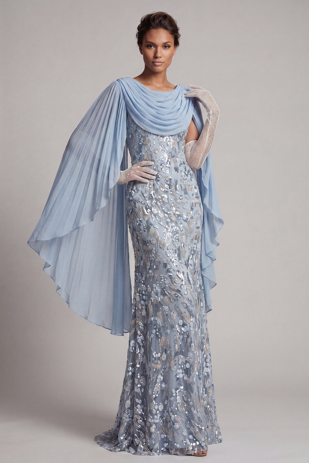 Sparkly Sky Blue Mermaid Beaded Long Mother of the Bride Dress with Cape