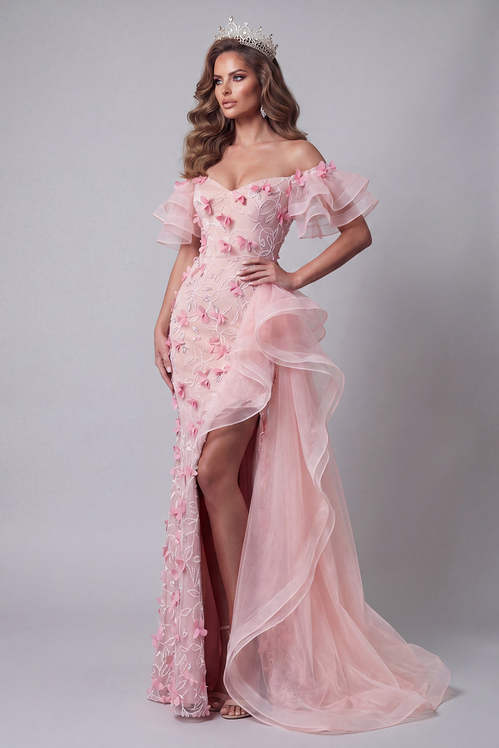 Pink Mermaid Ruffled Off the Shoulder Long Floral Evening Dress with Slit