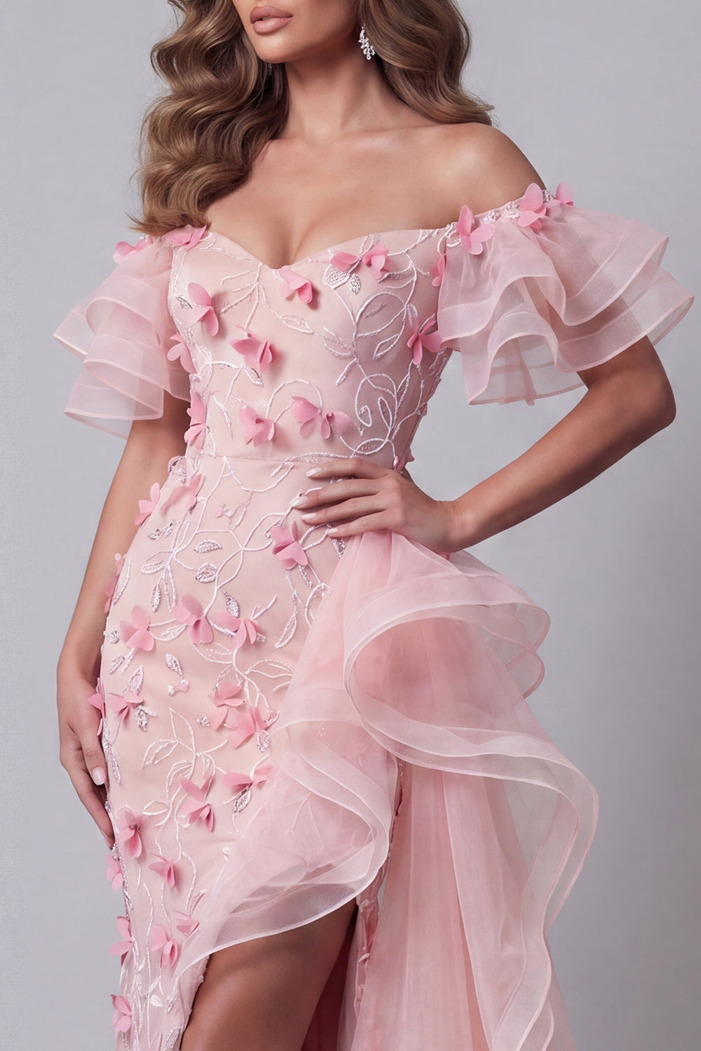 Pink Mermaid Ruffled Off the Shoulder Long Floral Evening Dress with Slit