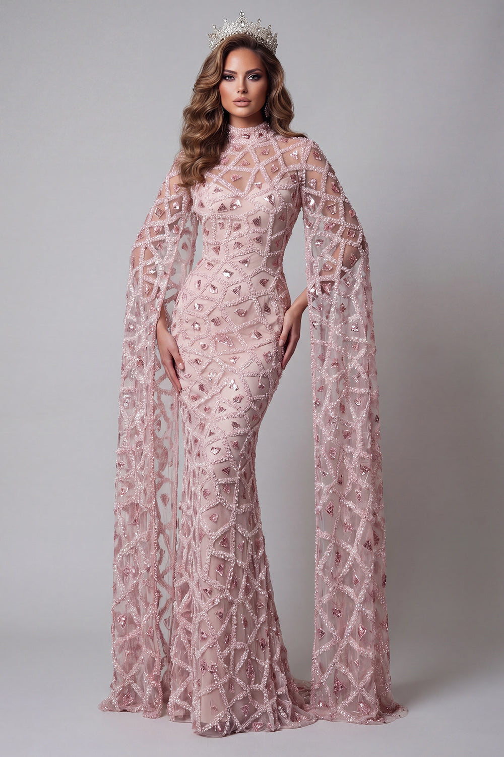 Sparkly Blush Mermaid High Neck Open Back Long Beaded Evening Dress with Cape