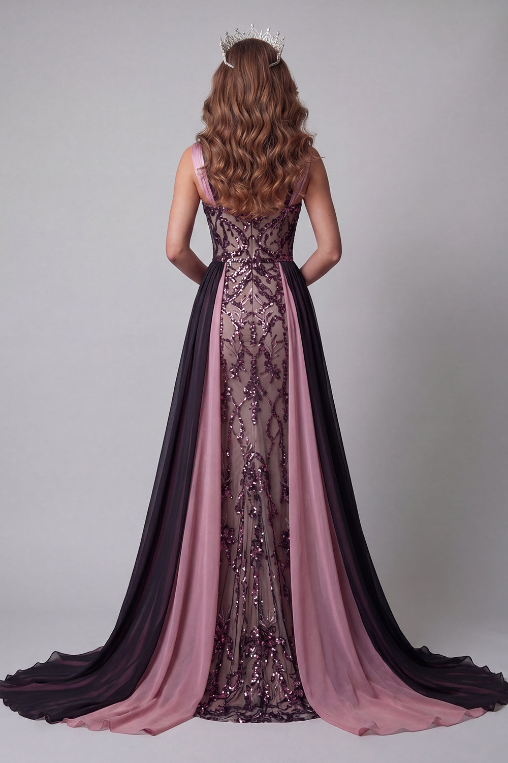 Sparkly Plum Color Block Patchwork Mermaid Beaded Long Evening Dress with Cape