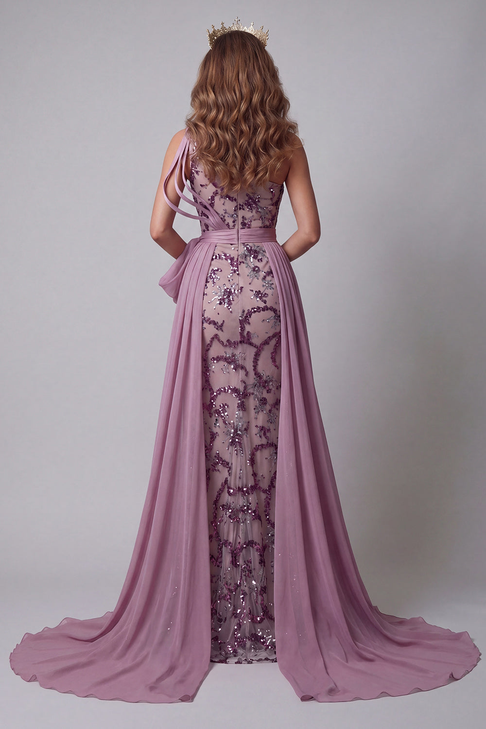 Sparkly Vintage Mauve Mermaid Floral Beaded Long Evening Dress with Cape