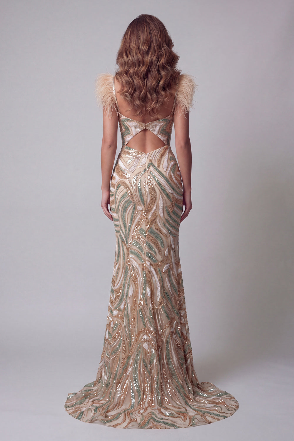 Champagne Mermaid Beaded V-Neck Sparkly Feathered Long Evening Dress with Slit