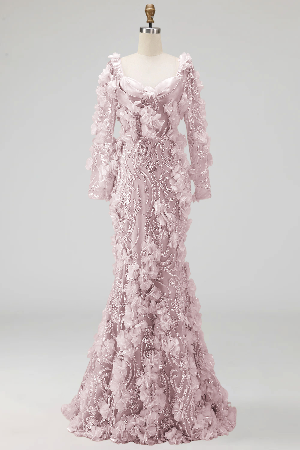 Sparkly Blush Mermaid Long Sleeves Long Beaded Floral Evening Dress