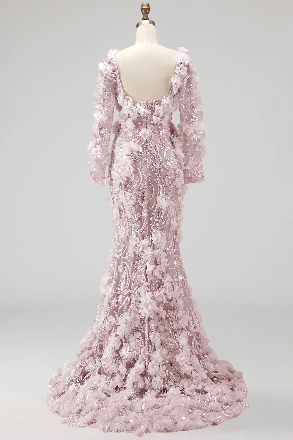 Sparkly Blush Mermaid Long Sleeves Long Beaded Floral Evening Dress