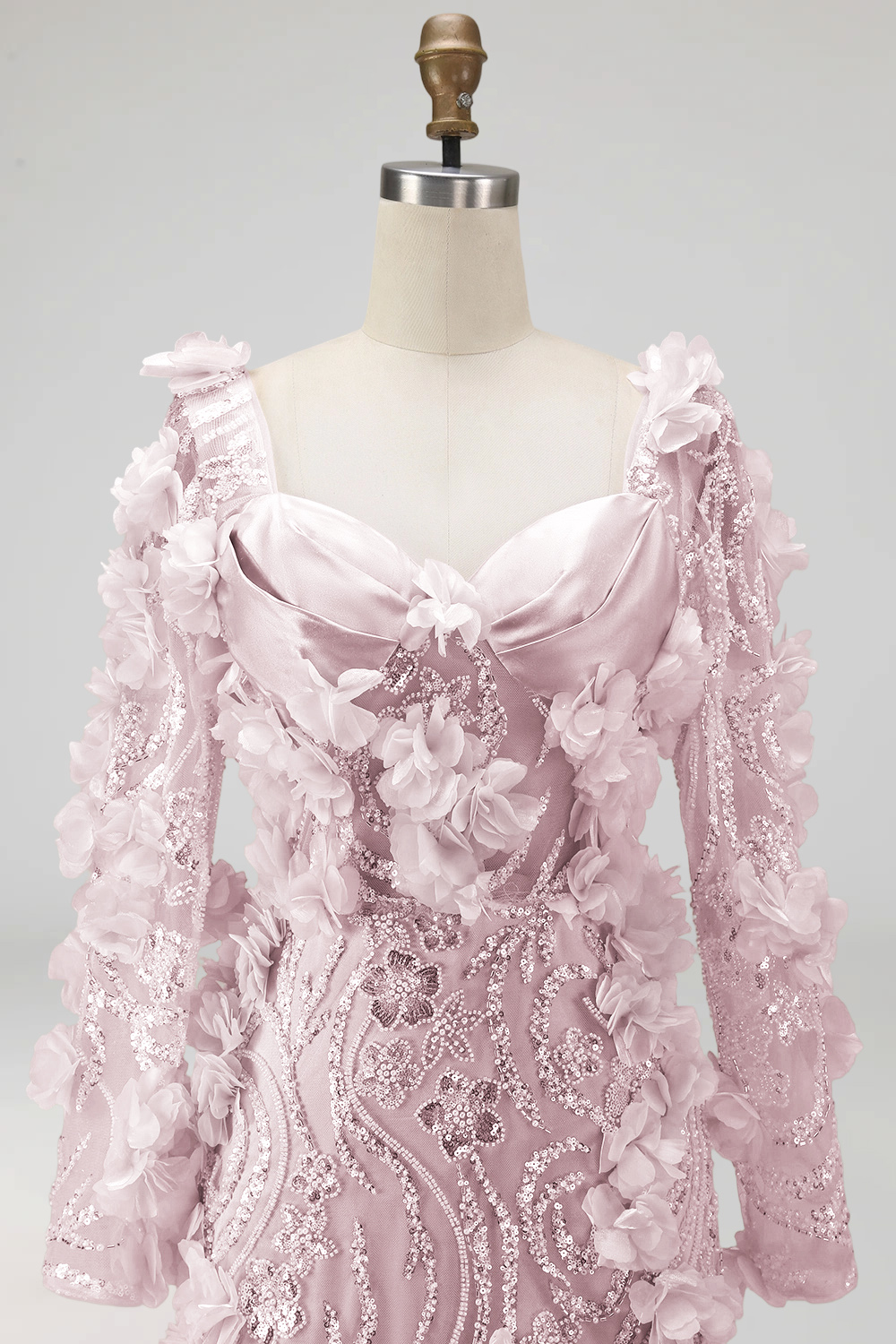 Sparkly Blush Mermaid Long Sleeves Long Beaded Floral Evening Dress