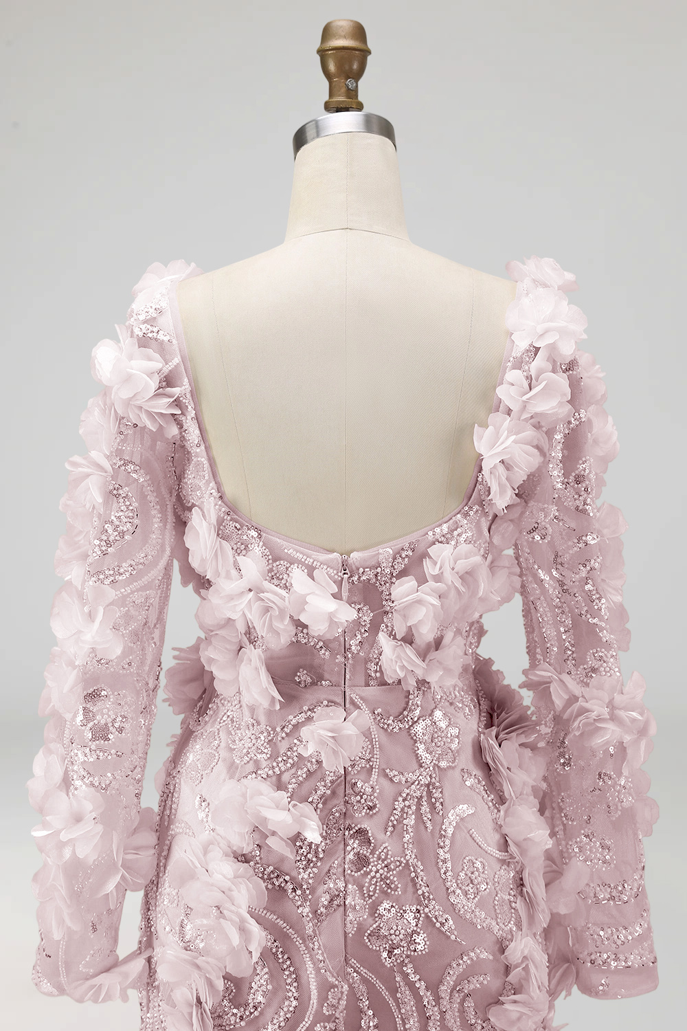 Sparkly Blush Mermaid Long Sleeves Long Beaded Floral Evening Dress