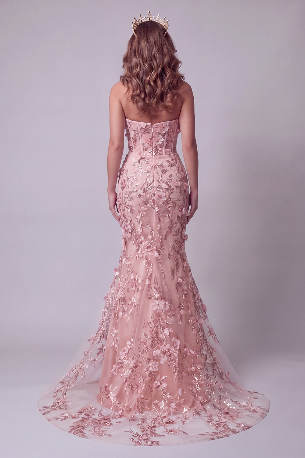 Sparkly Blush Mermaid Beaded Corset Long Floral Evening Dress