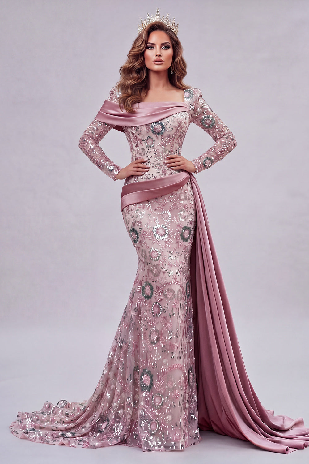 Sparkly Pink Mermaid Beaded Floral Long Sleeves Evening Dress with Side Cape