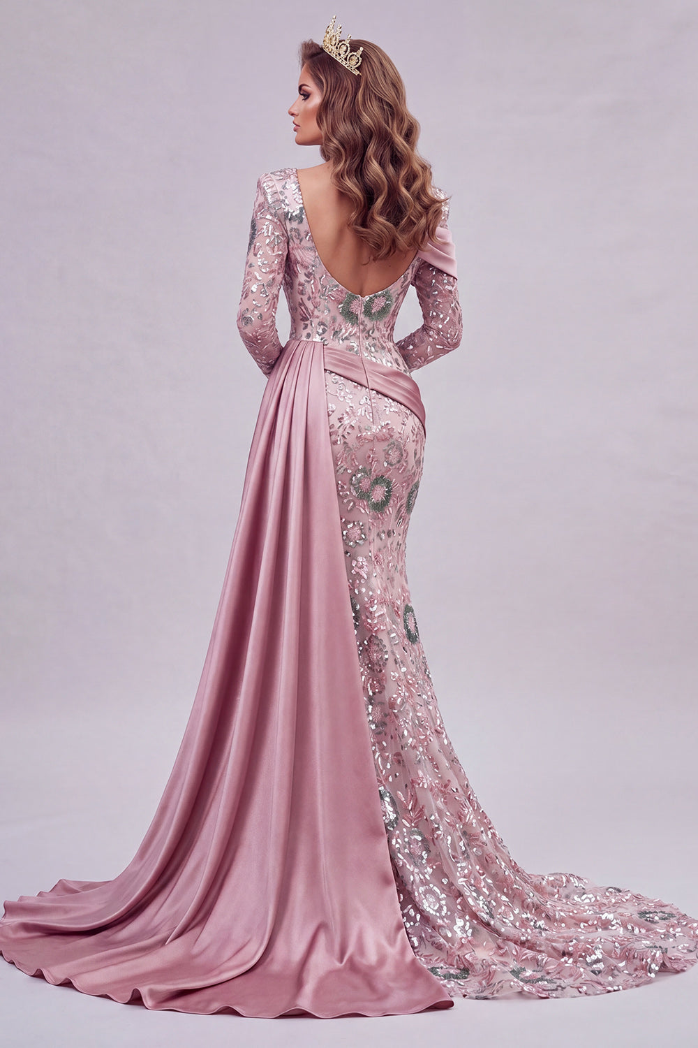 Sparkly Pink Mermaid Beaded Floral Long Sleeves Evening Dress with Side Cape