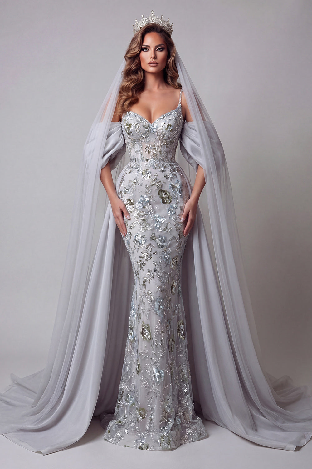Sparkly Silver Mermaid Floral Spaghetti Straps Long Beaded Evening Dress with Cape