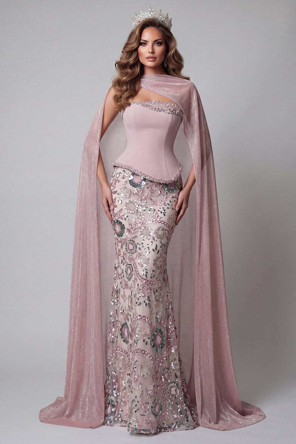 Sparkly Pink Strapless Mermaid Basque Waist Beaded Long Floral Evening Dress with Cape
