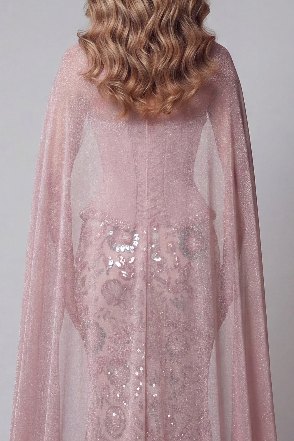 Sparkly Pink Strapless Mermaid Basque Waist Beaded Long Floral Evening Dress with Cape