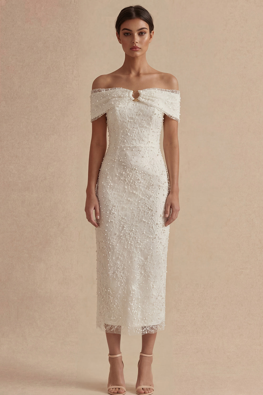 White Sheath Maxi Engagement Dress with Pearls