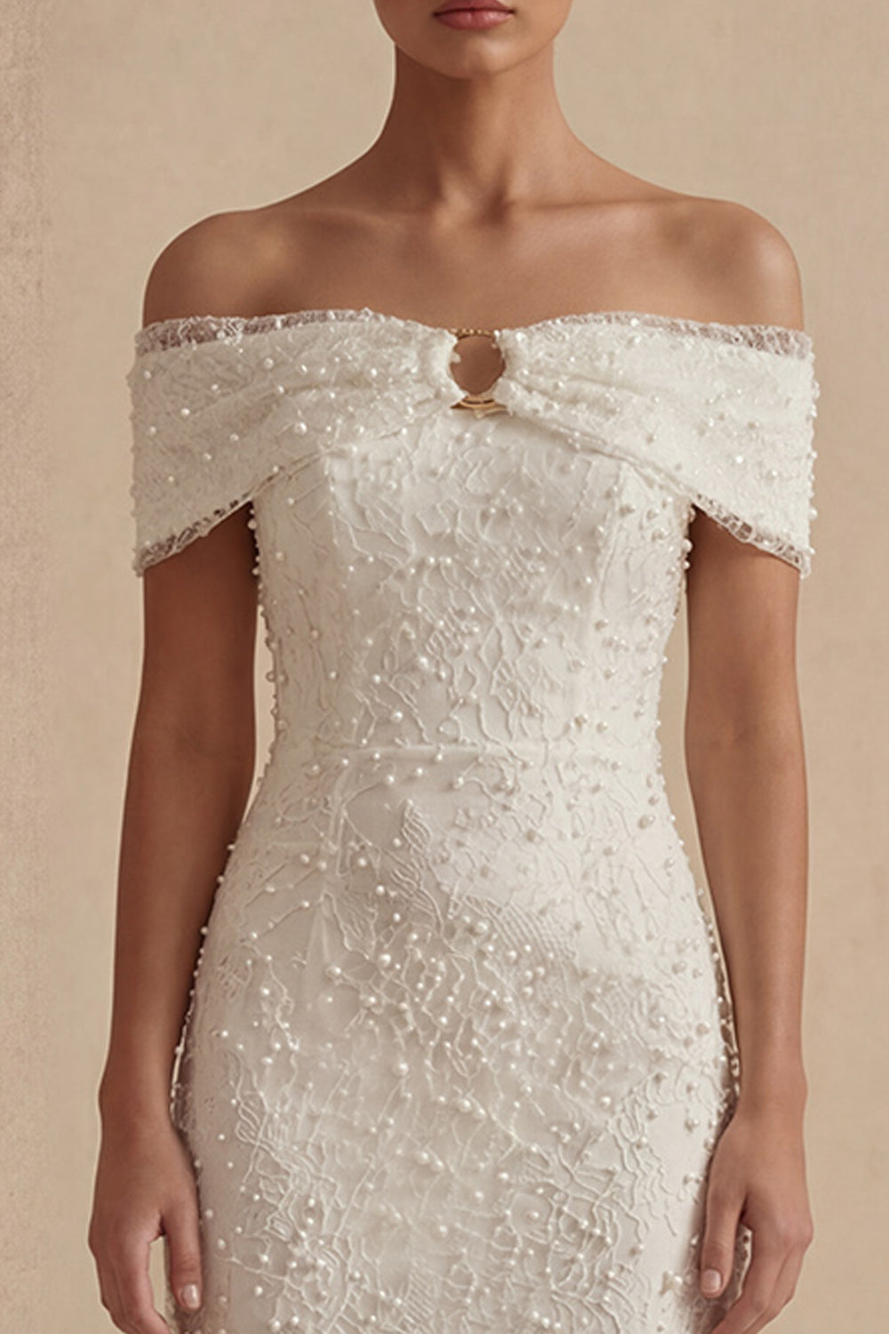 White Sheath Maxi Engagement Dress with Pearls