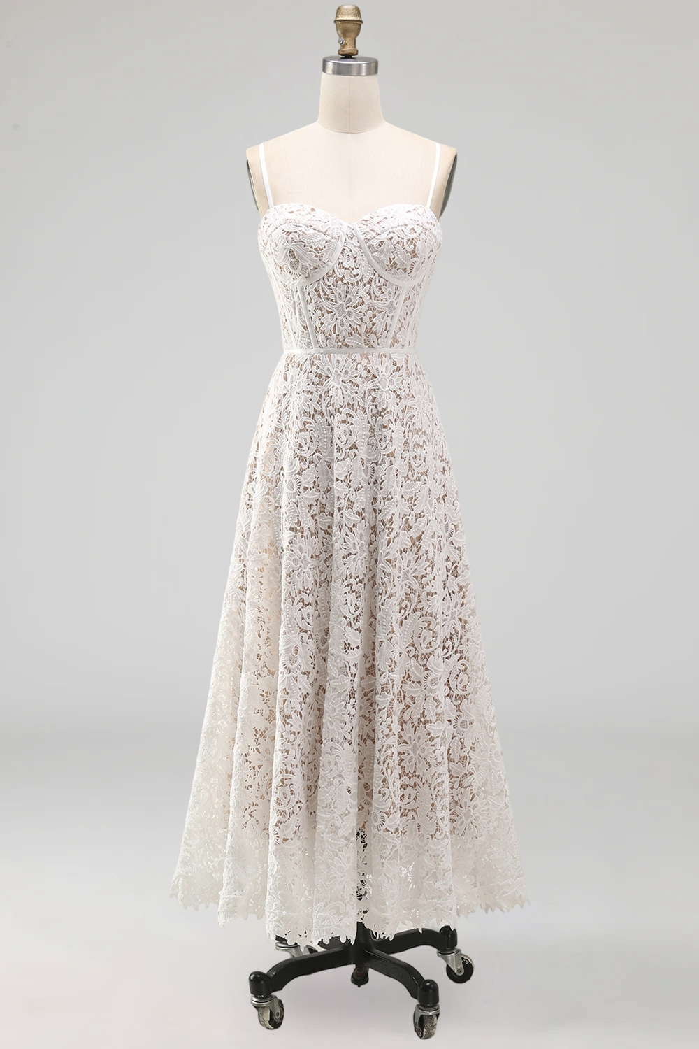 White Lace Floral A Line Maxi Corset Spaghetti Straps Wedding Reception Dress for Bride