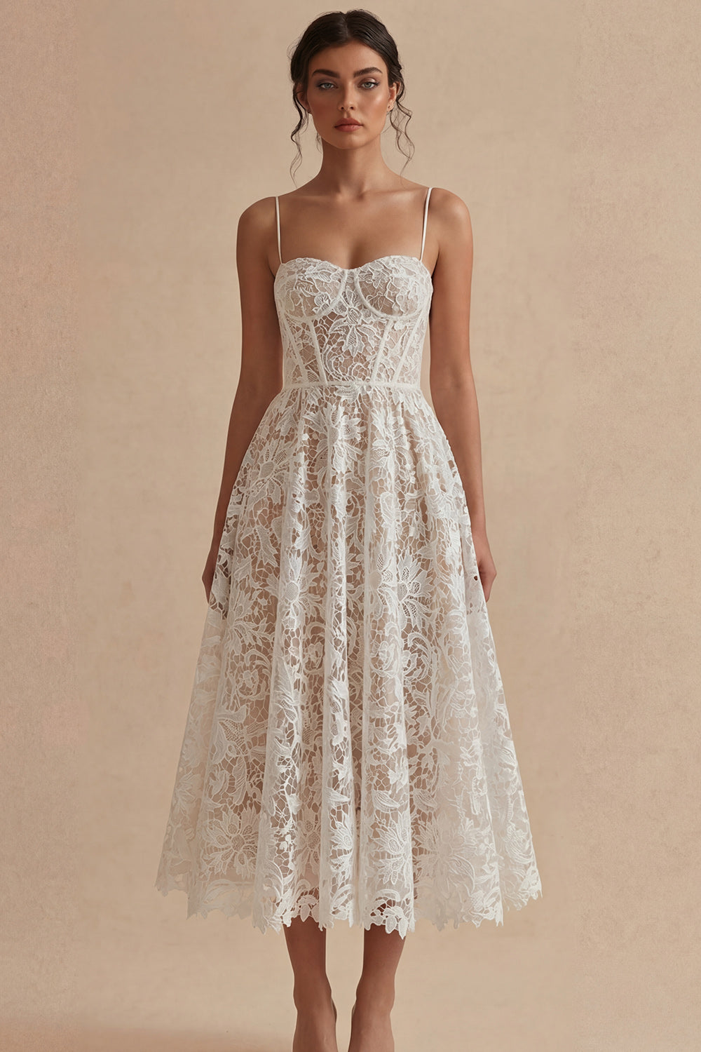 White Lace Floral A Line Maxi Corset Spaghetti Straps Wedding Reception Dress for Bride