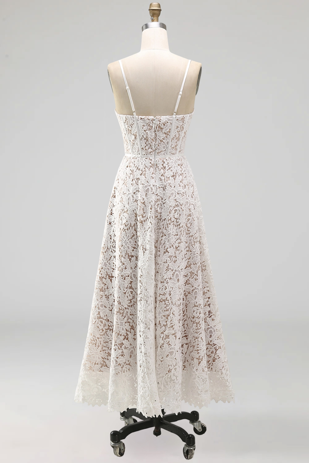 White Lace Floral A Line Maxi Corset Spaghetti Straps Wedding Reception Dress for Bride
