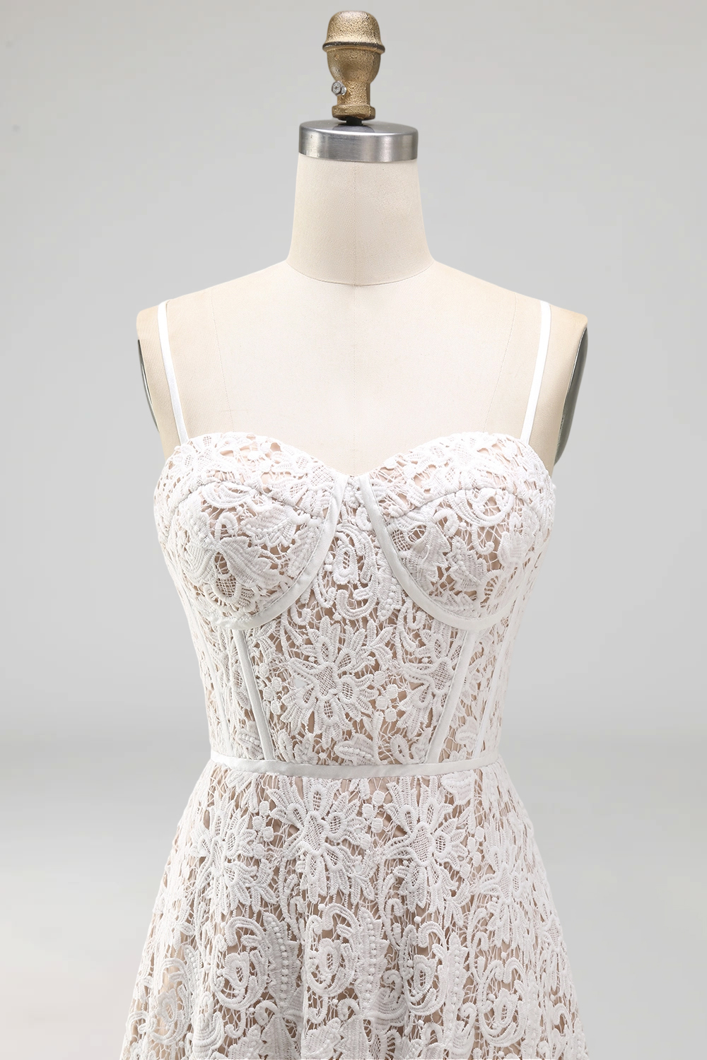 White Lace Floral A Line Maxi Corset Spaghetti Straps Wedding Reception Dress for Bride
