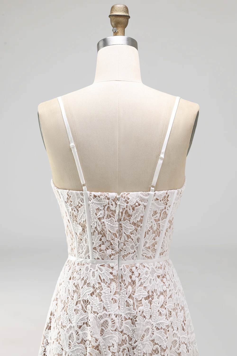 White Lace Floral A Line Maxi Corset Spaghetti Straps Wedding Reception Dress for Bride