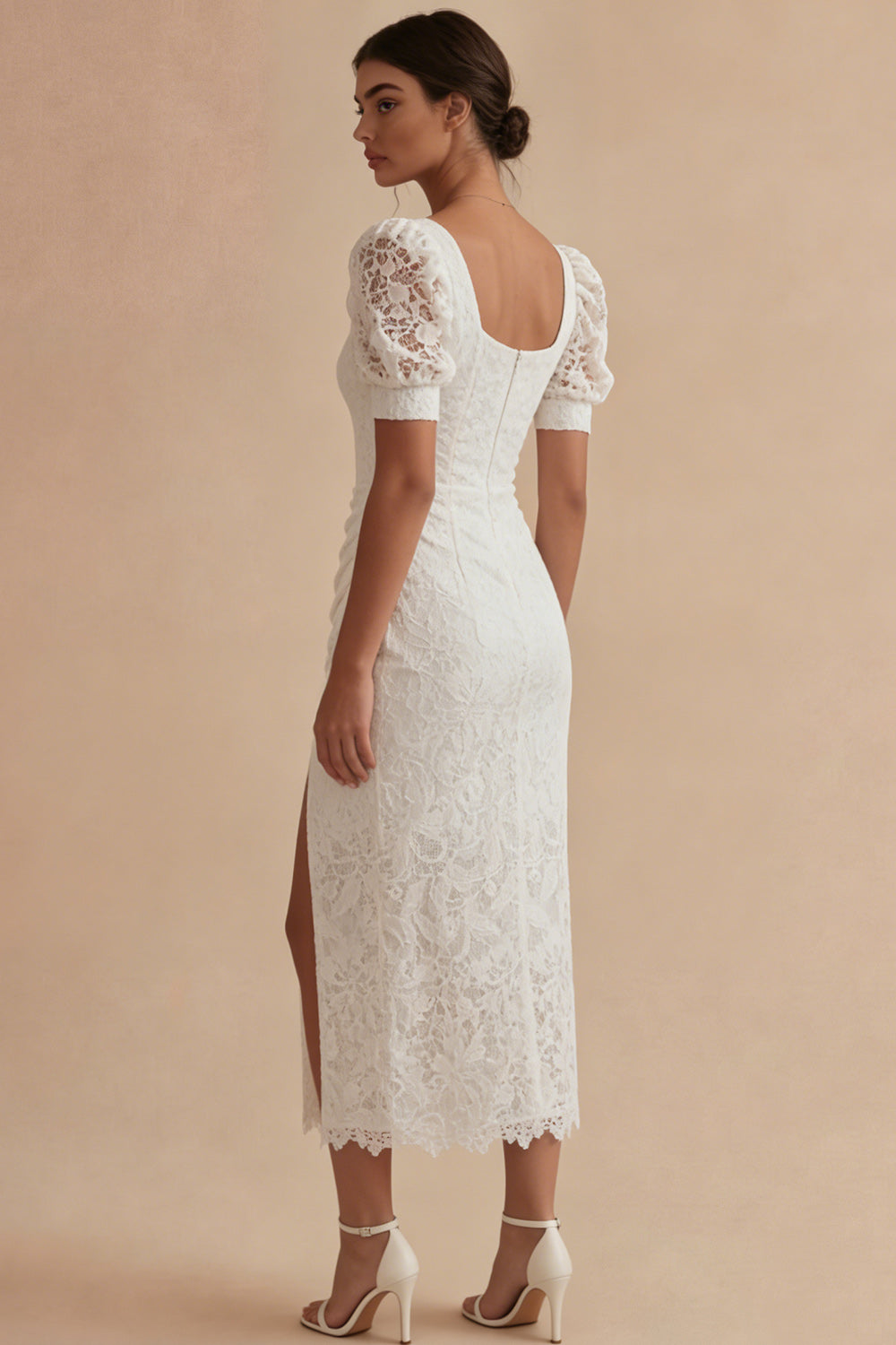 White Ruched Lace Square Neck Sheath Maxi Wedding Reception Dress for Bride with Slit