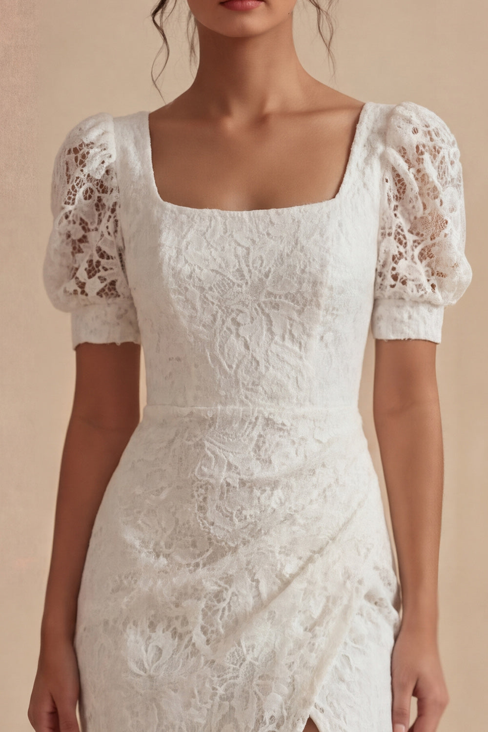 White Ruched Lace Square Neck Sheath Maxi Wedding Reception Dress for Bride with Slit