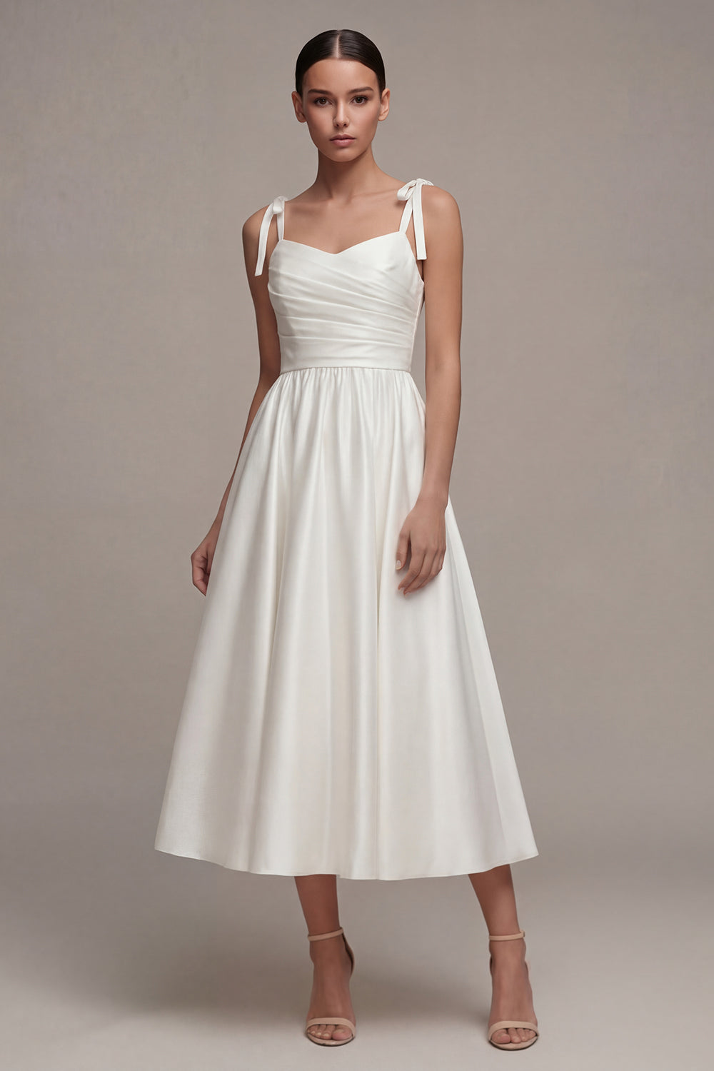 White Ruched Thick Straps A Line Maxi Reception Dress for Bride