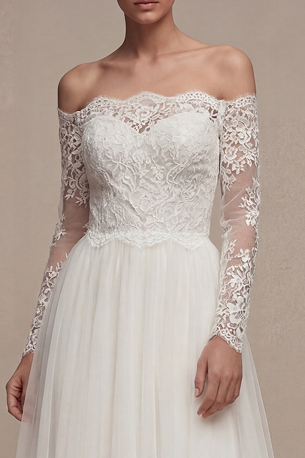 White Long Sleeves Floral Maxi A Line Reception Dress for Bride with Lace