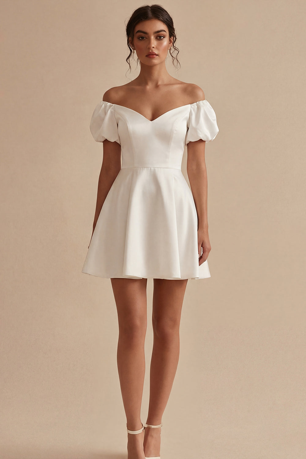 White A Line Puff Sleeves Off the Shoulder Short Bridal Shower Dress