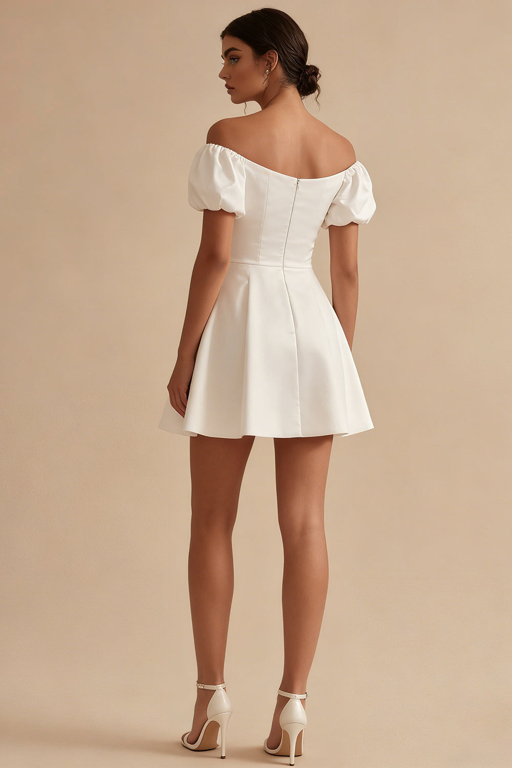 White A Line Puff Sleeves Off the Shoulder Short Bridal Shower Dress