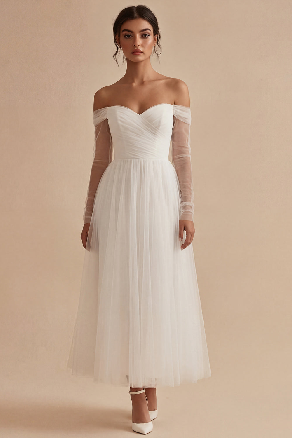 White Maxi A Line Ruched Long Sleeves Off the Shoulder Wedding Reception Dress for Bride
