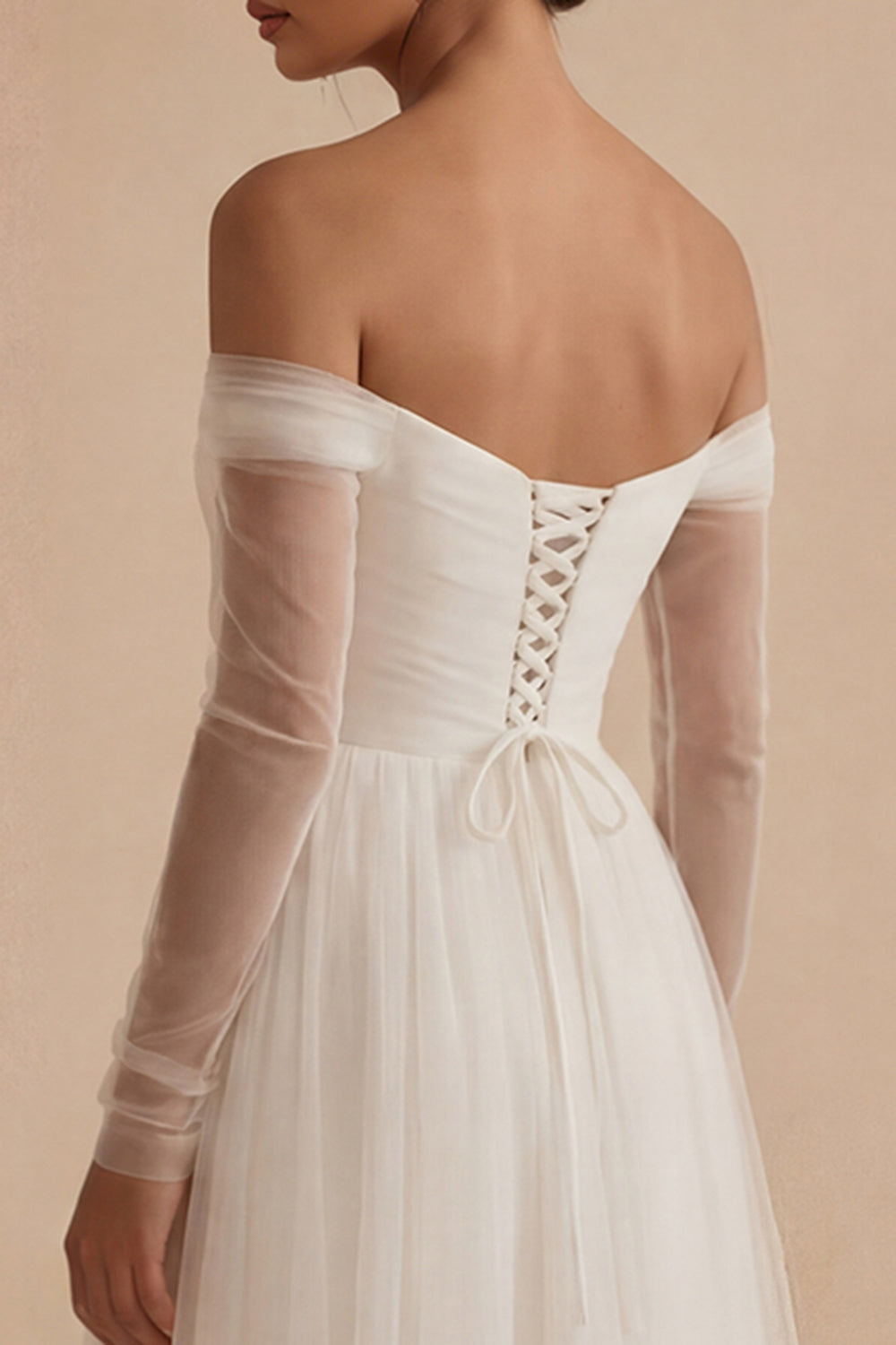 White Maxi A Line Ruched Long Sleeves Off the Shoulder Wedding Reception Dress for Bride