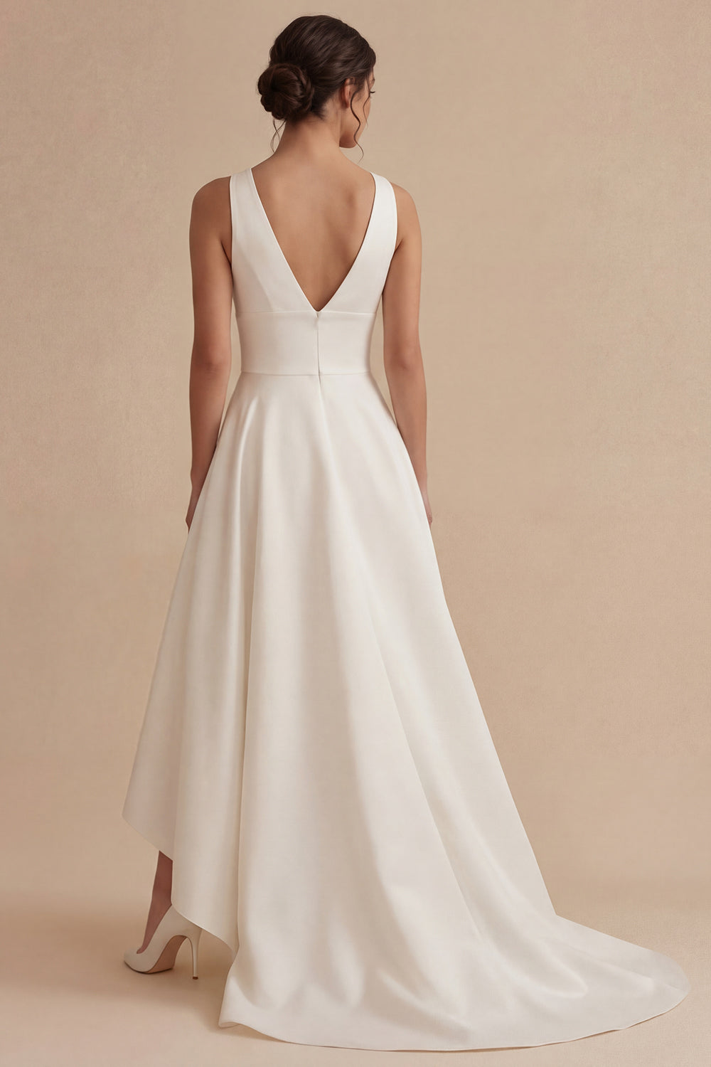 White V-Neck A Line High Low Reception Dress for Bride