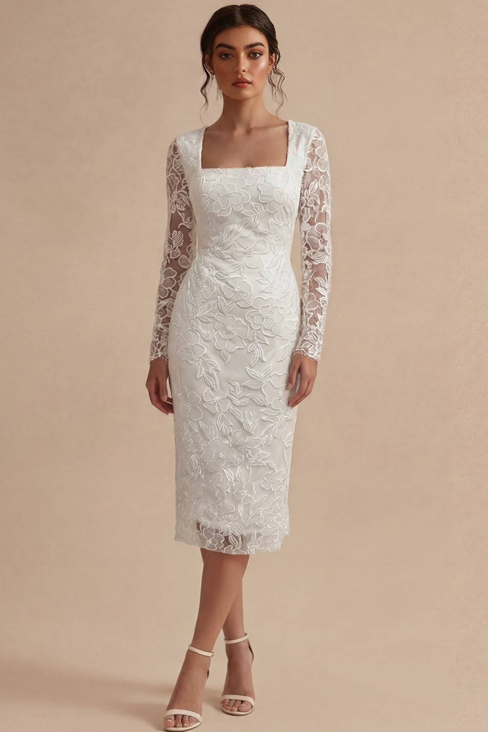White Lace Long Sleeves Floral Midi Bodycon Wedding Reception Dress for Bride