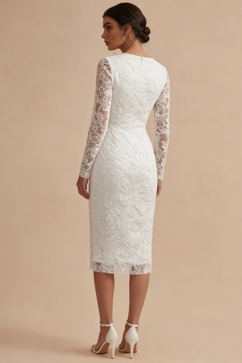 White Lace Long Sleeves Floral Midi Bodycon Wedding Reception Dress for Bride