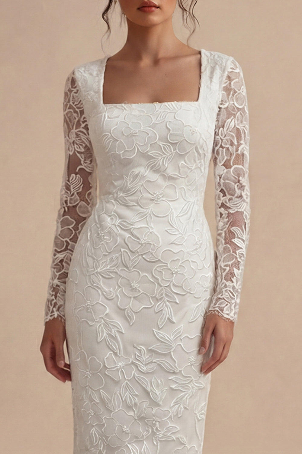 White Lace Long Sleeves Floral Midi Bodycon Wedding Reception Dress for Bride