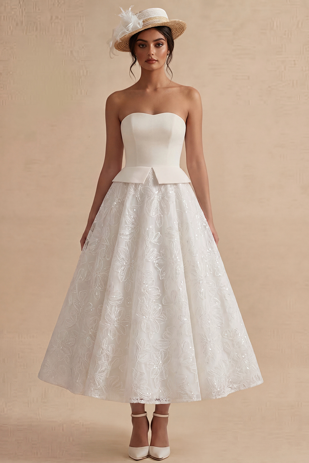 Strapless White Maxi Floral Lace A Line Reception Dress for Bride